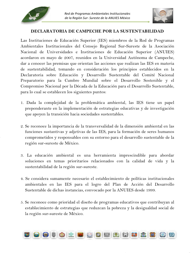 Declaratoria de Campeche por la Sustentabilidad - Red de Programas Ambientales Institucionales de la Región Sur Sureste de México.